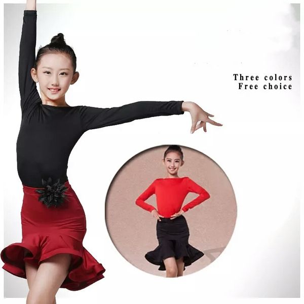 

girls long sleeves o-collar dance dresses cild kid performance salsa tango latin skirt suit practice dress, Black;red