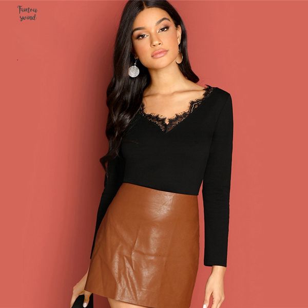 

elegant office ladies shirts and tees scoop neck long sleeve women t contrast long neckline lace autumn black tee, White