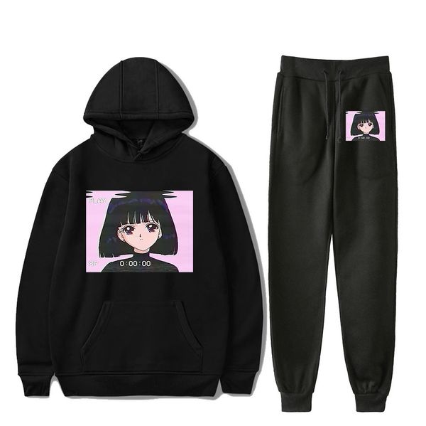 

vaporwave belt hoodies cap sweater trousers motion suit hoodie, Blue;black