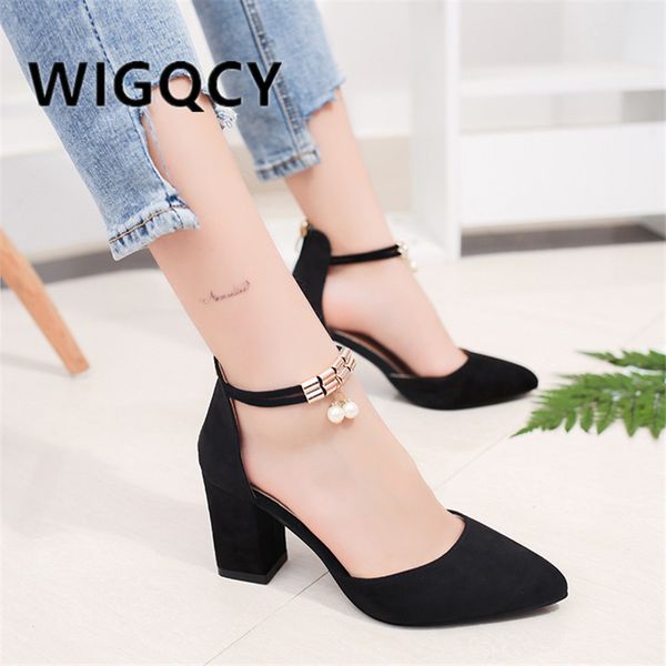 

summer square high heels flock pointed sandals female summer sandalias shoes mujer zapatos mujer pumps 2019 femeninas, Black