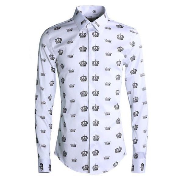 

new arrival autumn printed little crown trendy men fashion casual shirts mens long sleeve men plus size -2xl3xl4xl, White;black