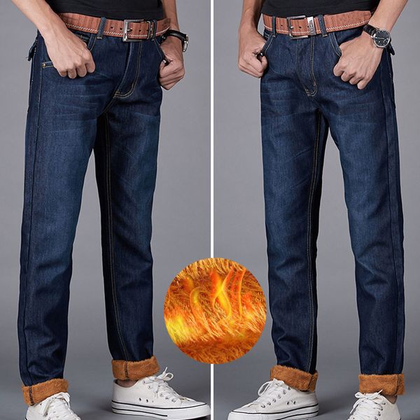 

summer men's washed jeans business fashion casual plus velvet trend trousers casual fleece jeans men men plus size, Black