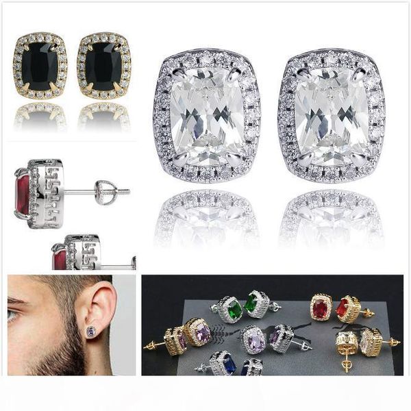

luxury designer 18k gold blingbling colorful diamond stud earrings big square cubic zirconia earring studs hip hop jewelry for men and women, Golden;silver