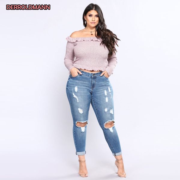 

plus size women elastic jeans broken pants ripped denim torn pants slim rivets denim boyfriend jeans for women, Blue