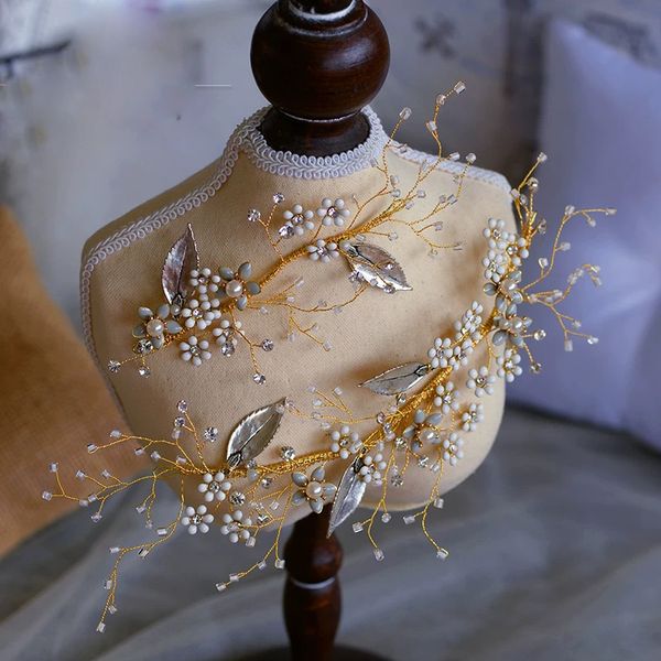 

long crystal brides barrettes hairbands leaves bridal crystal tiara headpieces evening headdress, Golden;white