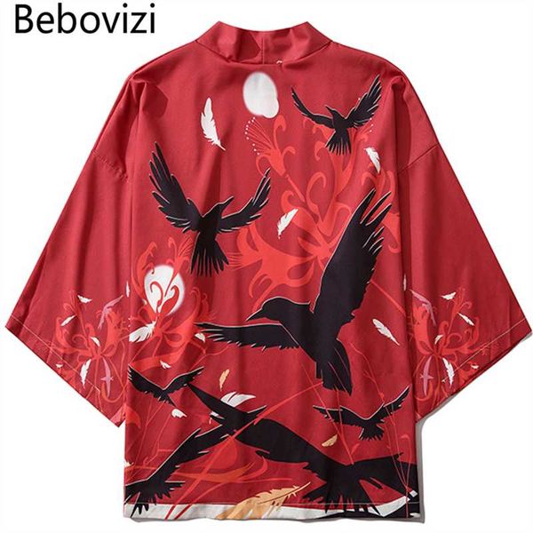 

bebovizi японского crow печать кимоно streerwear yukata женщина хаори harajuku кимоно robe кардиган мужчина азия одежда красной, Red