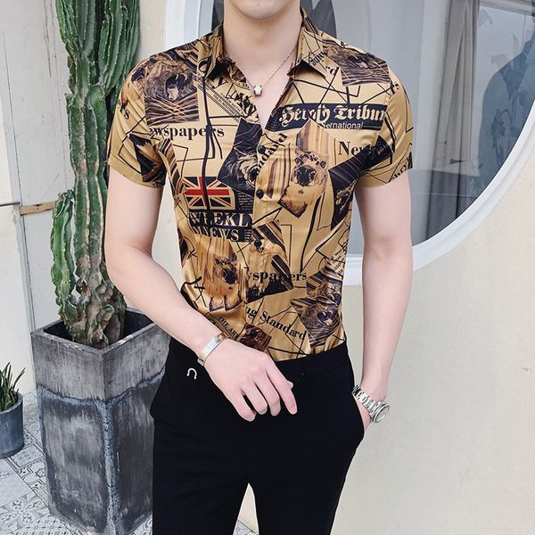 

luxury gold print shirt 2020 summer short sleeve fashion designer shirt fashion party club prom clothing camisa slim men, White;black