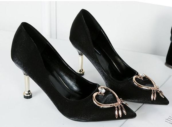 

2019 women's shoes in spring and autumn with new style high heel fine heel pointed end silk and satin @394, Black