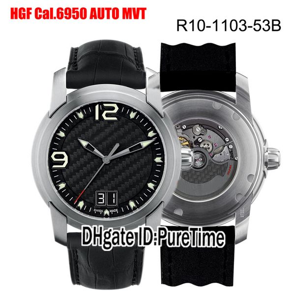 Nuovo HGF Evolution R10-1103-53B-1 Cal.A6950 orologio automatico da uomo quadrante nero con trama in fibra di carbonio cinturino in pelle nera migliore edizione Puretime