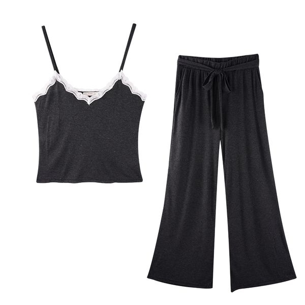 

solid lace patchwork women's pajamas sets v-neck camis drawstring pocket long loose pants summer spring sleepwear pajamas, Blue;gray