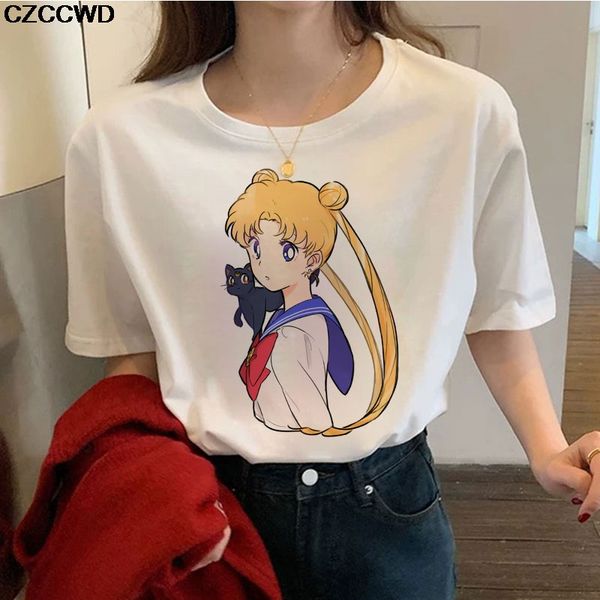 

japanese women t-shirt vogue cute sailor moon and the cat anime print fun casual summer short-sleeved t shirt harajuku tees, White