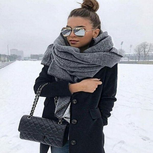 

новая мода зима толстые теплый большой шарф шаль женщины обертывания vintage флис ветрозащитный solid color дикие шали шарфы 176см, Blue;gray