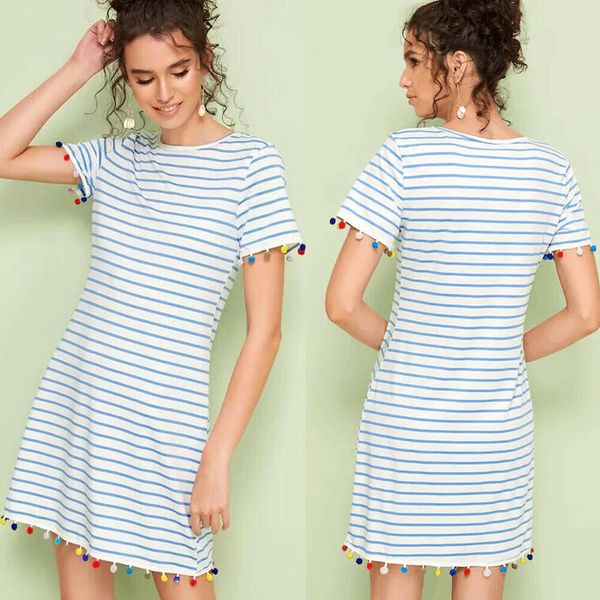 

women summer casual short sleeve o-neck dresses ladies beach boho striped tassel mini dress, Black;gray