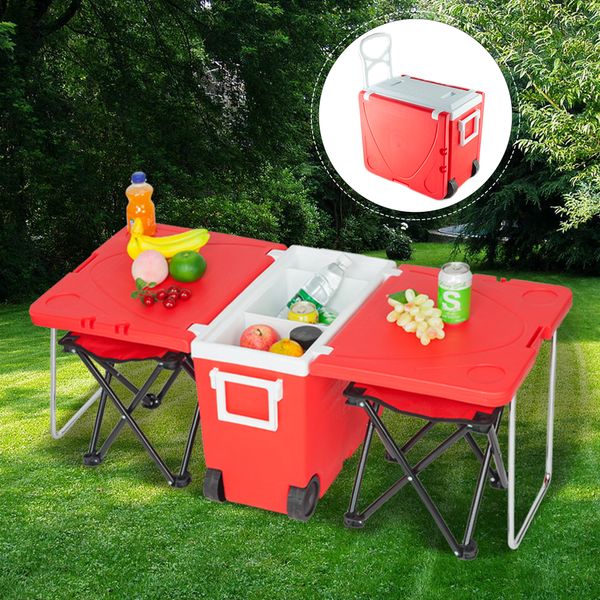 

upgraded multi-function insulated beverage rolling cooler picnic camping outdoor table & 2 portable foldable camping fishing chair stool wit