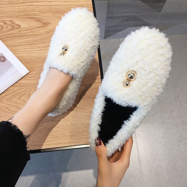

moccasin shoes 2019 fashion women's casual female sneakers all-match slip-on round toe pearl decorateion loafers fur moccasins, Black
