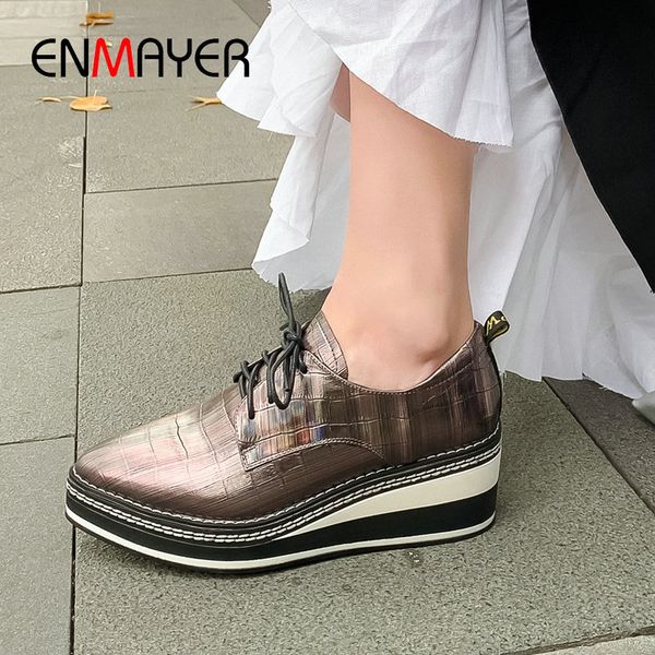 

enmayer 2020 casual round toe shoes women designers basic genuine leather lace-up wedges sheepskin leisure ladies shoes, Black