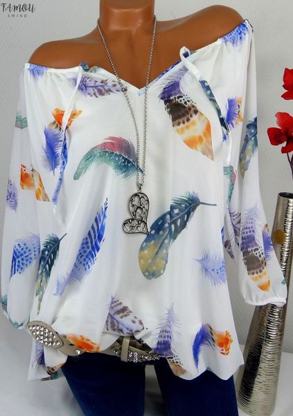 

fashion feather lace up half sleeve women casual loose 2020 summer blouses off shoulder plus size 5xl shirts floral print, White