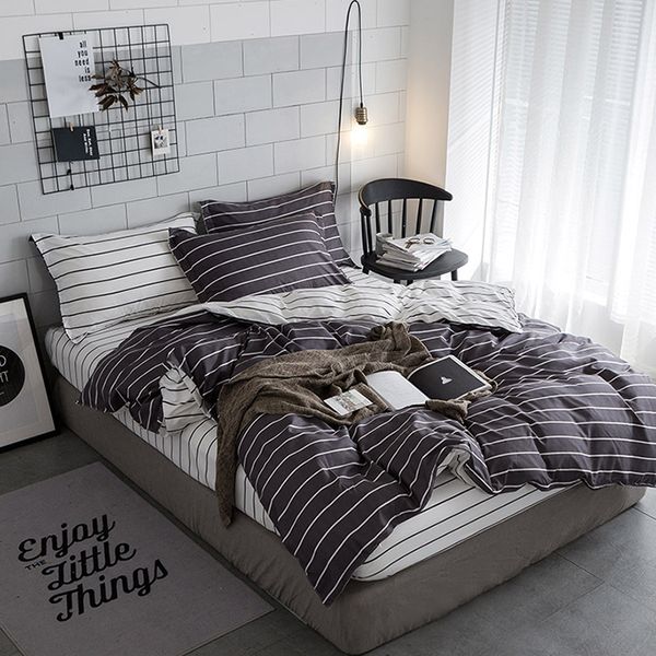 

3pcs bedding set simple double-sided striped bed set urban strip series home l travel quilt cover pillowcase sheets included