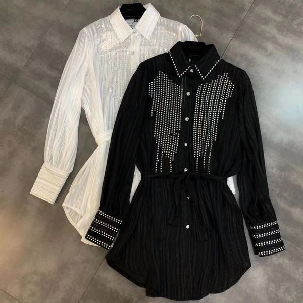 

women's shirt 2020 spring new lapel long sleeve rhinestone bright silk belt long shirt female fashion woman clothing, White