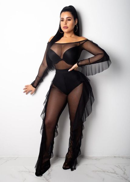 

2019 two piece sets women mesh set long sleeve ruffles bodysuit wide leg pants skinny see through night club outfits, White