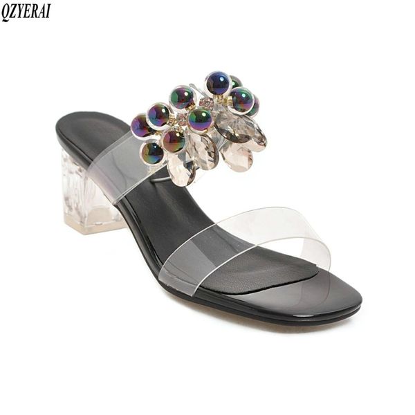 

new spring summer women's slippers 5cm crystal heels beaded slippers outdoor women's shoes size 34-48, Black