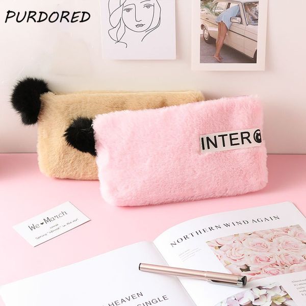 

purdored 1 pc mini winter fur косметичка мягкий плюш женщины карандаш сумка на молнии женщины макияж сумка для хранения организатор с мехово