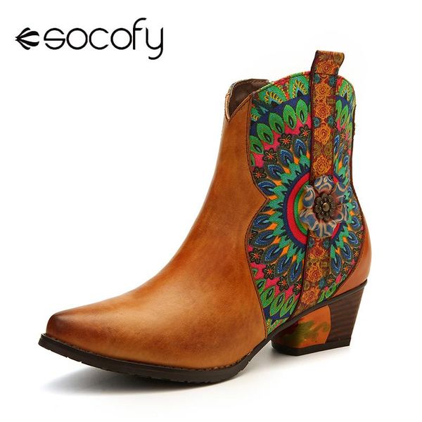 

socofy soft boots genuine leather peacock feather pattern comfy low heel boots shoes women botines mujer 2019 new, Black