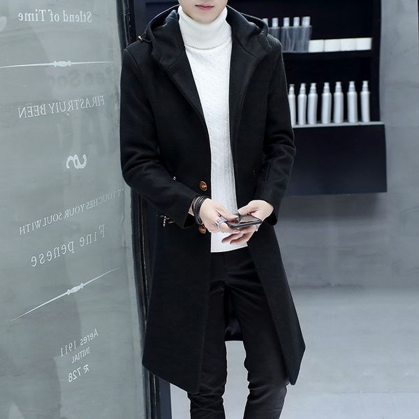 

knee length hooded fashion mens woolen coats winter new korean single breasted slim fit long sleeve male trench coats plus size, Tan;black
