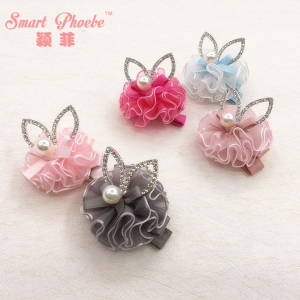 

boutique 10pcs fashion cute glitter gemstone ears hairpins solid gauze floral animal ears hair clips princess headware, Slivery;white