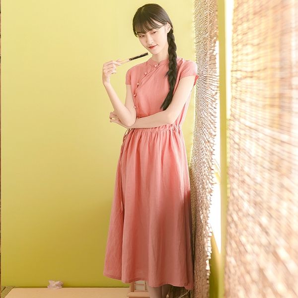 

ramie loose solid color dress 2019 summer light cotton art women's dress light chinese improved cheongsam skirt long theme costume ethn, Red