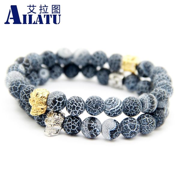 

ailatu wholesale jewelry 10pcs 8mm weathering onyx stone plated brass skull bracelets for gift, Golden;silver