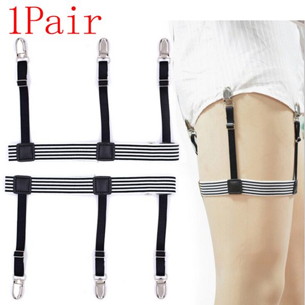 

2 pcs/pair men shirt stays belt with non-slip locking clips keep shirt tucked leg thigh suspender garters strap, Black;white