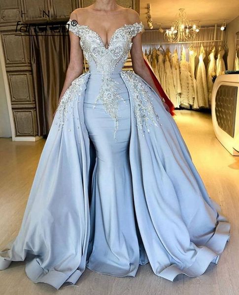 

off the shoulder evening dress sky blue detachable train lace robe de soiree dubai saudi arabic evening gown prom dress vestidos, Black