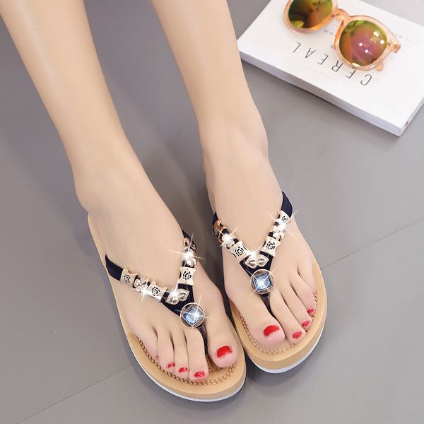 

ladies slippers rhinestone platform slippers women flat open toe beach sandal woman shoes plus size outdoor casual, Black
