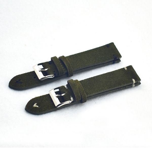 

onthelevel handmade leather comfort dark green suede strap 18mm/20mm/22mm stainless steel buckle with white/black stitching, Black;brown