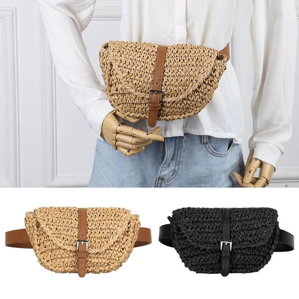 

women semicircle straw bags fanny summer beach chest bag lady waist pack