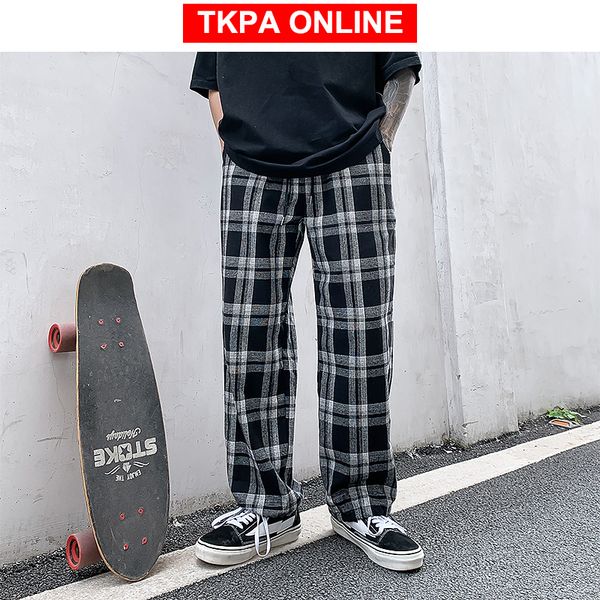 

mens skateboard black plaid pants 2020 summer mens harajuku streetwear harem pants male korean fashions loose joggers
