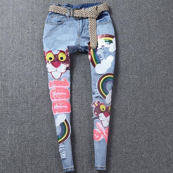 

2019 spring summer fashion cute cartoon bear jeans women sequined denim for young ladies letters shiny jeans, Blue