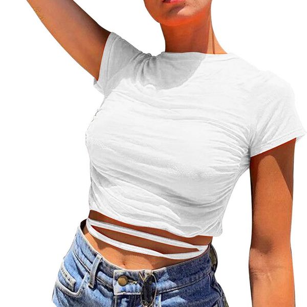 

ladies harajuku backless t-shirt short sleeve ladies t-shirt summer casual top, White