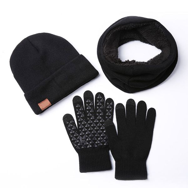 

3pcs winter beanie hat scarf gloves sets knitted three-piece suit men and women wool plus velvet to keep warm 2019