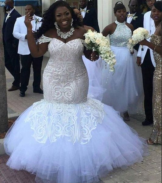 

plus size mermaid wedding dresses 2019 off shoulder lace appliques bridal gowns sequins beaded tulle floor length wedding vestidos, White