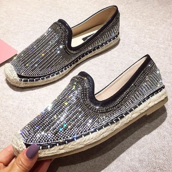 

black silver bling crystal women flat shoes espadrilles shoes comfortable bottom women flat loafers casual ladies boat shoe