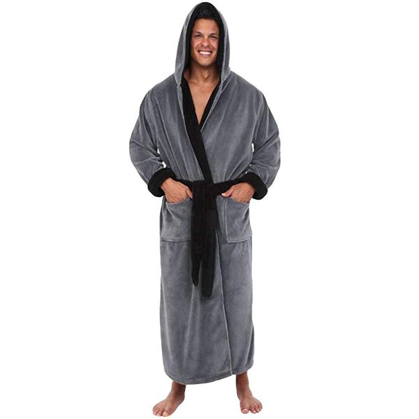 

plus size men's winter lengthened plush shawl bathrobe homewear clothes male solid color long sleeved robe coat with hooded, Black;brown