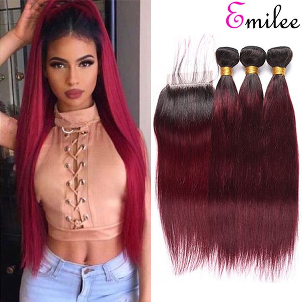 

emilee peruvian straight ombre hair weave remy human hair color 1b/99j ombre hair bundles 10-28 inch, Black
