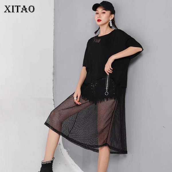 

xitao] women 2019 summer new fashion o-neck short sleeve loose long tee female solid color patchwork hollow out t-shirt zll3439, White