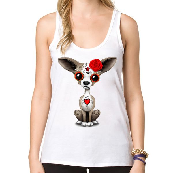 

dead sugar skull chihuahua puppy women tank sleeveless o-neck vest 2020 noverlty lady fitness camisoles, White