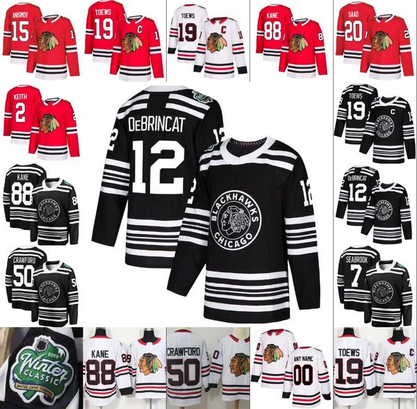 

chicago blackhawks #12 debrincat 19 jonathan toews 88 patrick kane 50 corey crawford 2 keith men women kids 2019 winter classic black jersey, Black;red