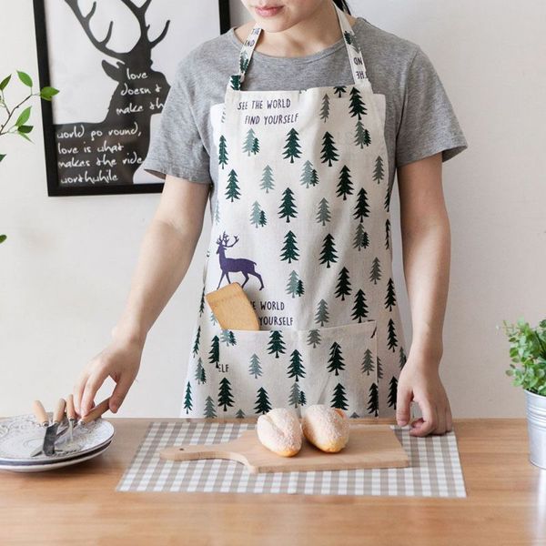 

2018 english printed apron couple models christmas tree theme plus cotton linen apron fashion kitchen supplies