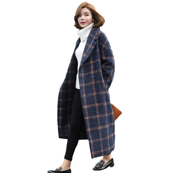 

2018 winter women woolen coat new fashion loose medium long thick jacket autumn lattice double-breasted woolen outerwear dt0208, Black