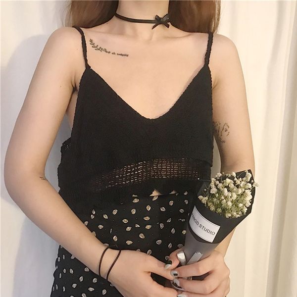 

hollow out casual irregular crop retro knitted stripe tank slim halter shirt women vest new korean style, White